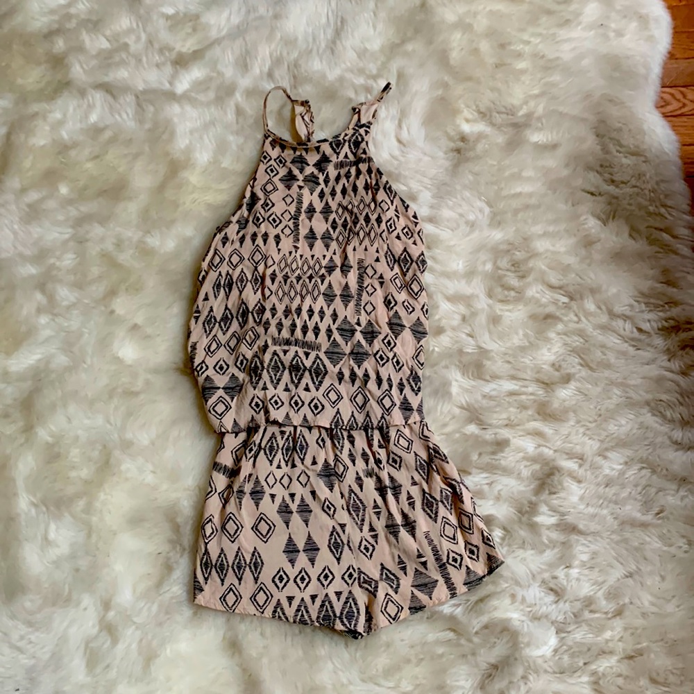 Juniors tan and black patterned romper